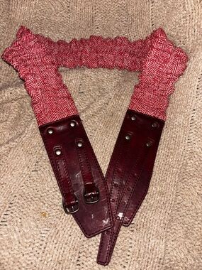 Chinese Laundry Red Herringbone Tweed Faux Leather Buckle Belt Stretchy Large